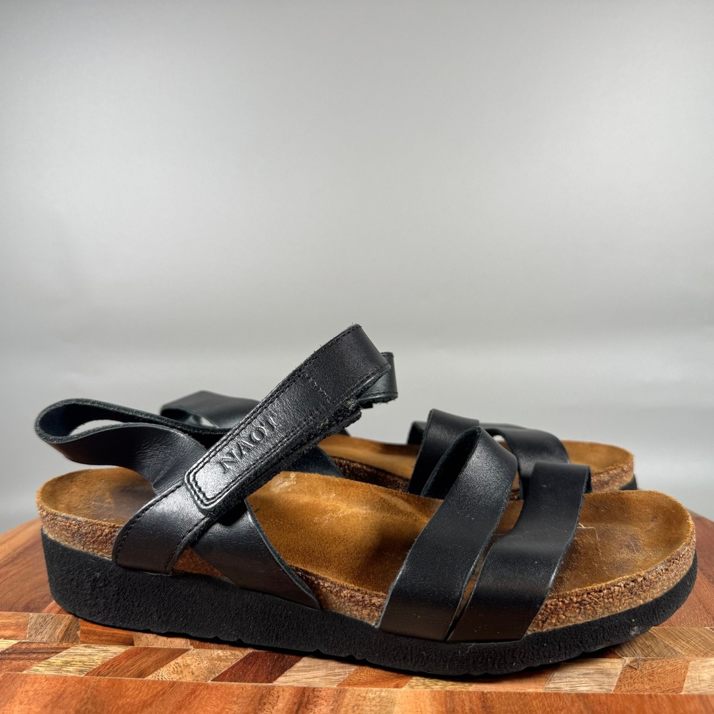 Naot Women Black Leather Platform Strappy Sandals Ankle Strap Cork Footbed 38 7